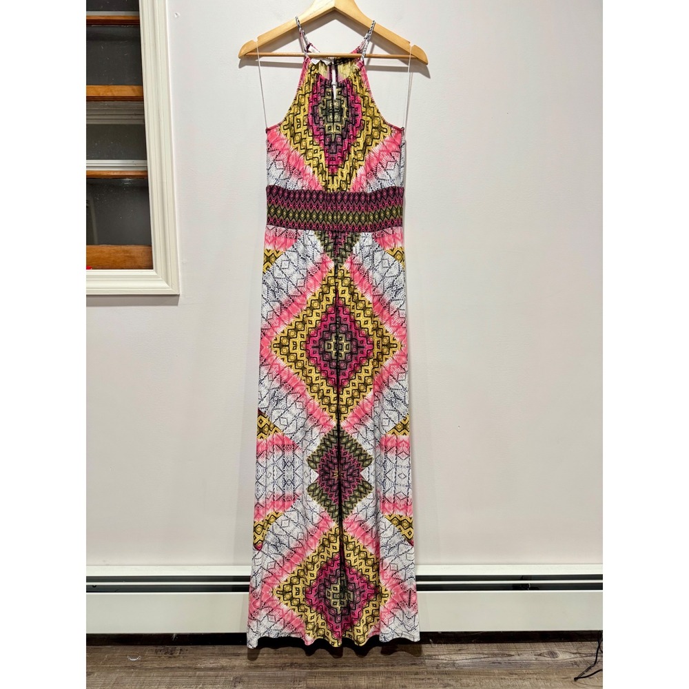 London Times Pink Yellow Geometric Tribal Print Halter Maxi Dress Size 10